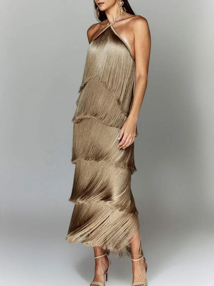 Vestido Longo com Franjas e sem Mangas – Antonella