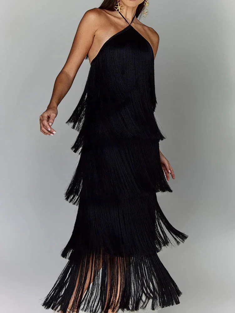 Vestido Longo com Franjas e sem Mangas – Antonella