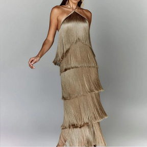 Vestido Longo com Franjas e sem Mangas – Antonella