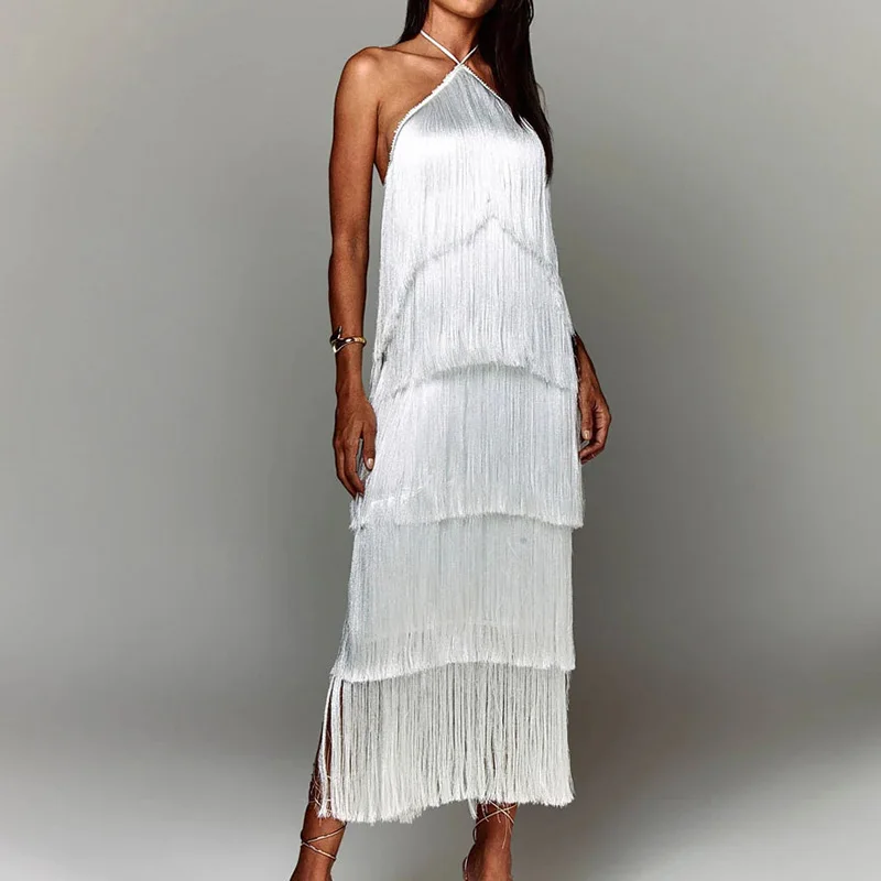 Vestido Longo com Franjas e sem Mangas – Antonella