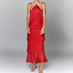 Vestido Longo com Franjas e sem Mangas – Antonella