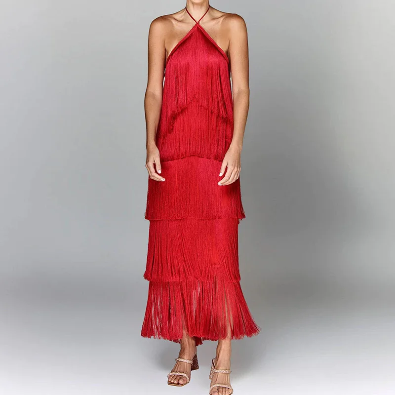 Vestido Longo com Franjas e sem Mangas – Antonella