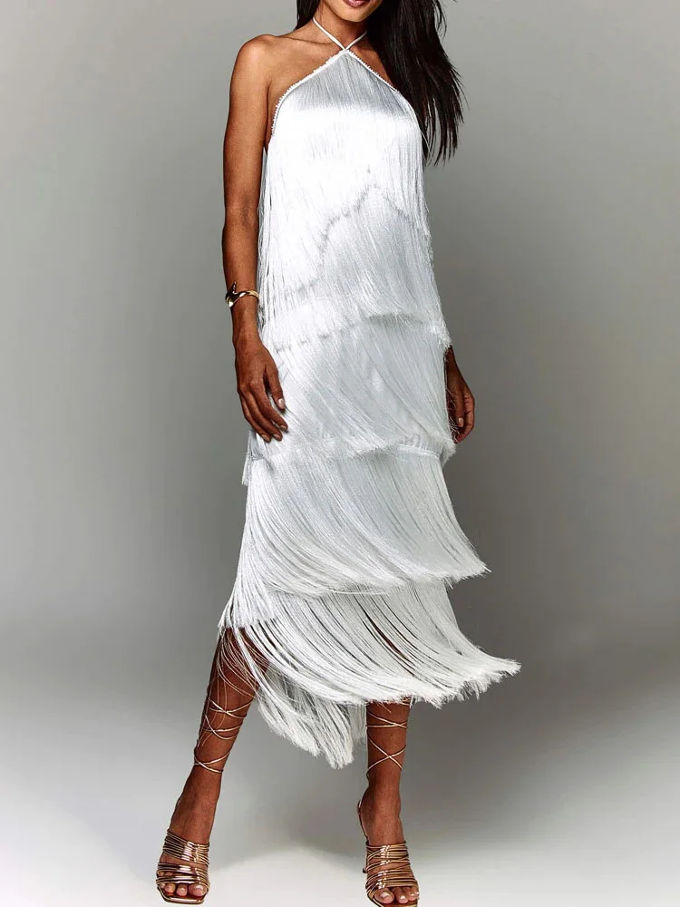 Vestido Longo com Franjas e sem Mangas – Antonella