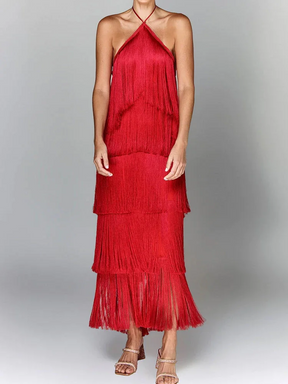 Vestido Longo com Franjas e sem Mangas – Antonella