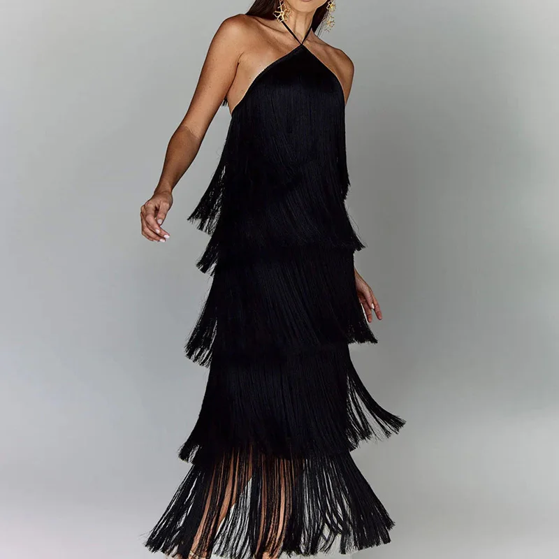 Vestido Longo com Franjas e sem Mangas – Antonella