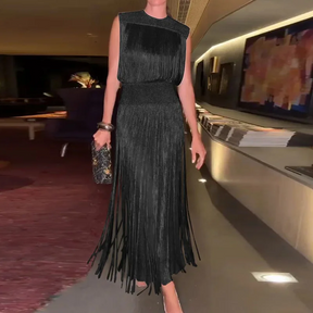 Vestido Longo com Franjas e sem Mangas – Antonella