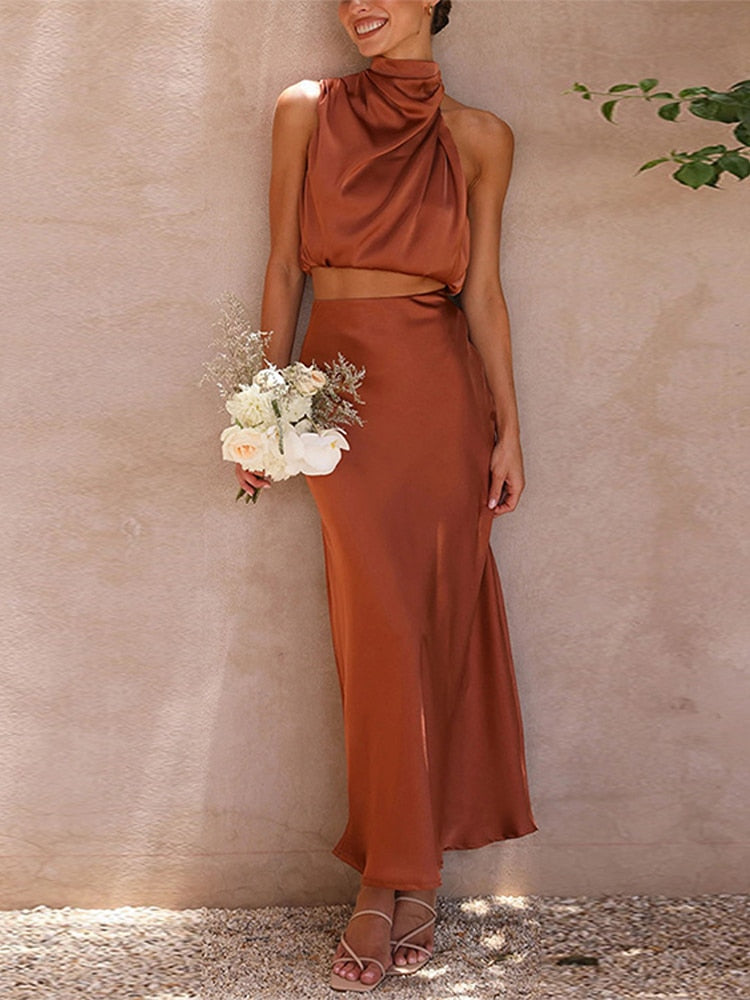 Conjunto Cropped Sem Manga e Saia Longa Elegante – Aurora